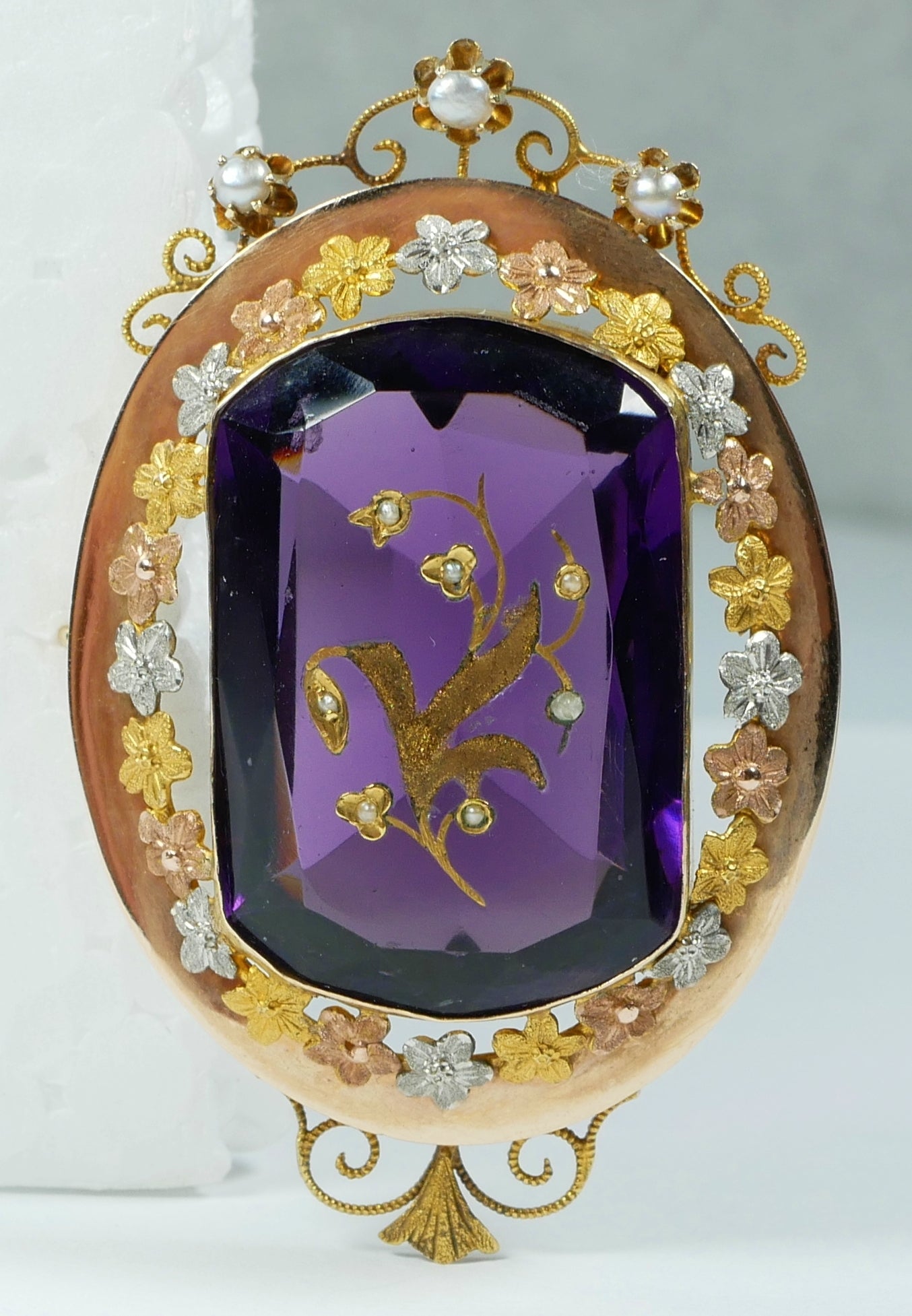 Antique Edwardian Solid 15ct Yellow Gold Purple Amethyst Glass Seed Pearl Brooch
