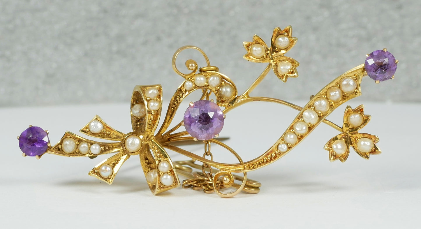 Antique Edwardian Solid 15ct Yellow Gold Amethyst Glass Seed Pearl Brooch Pin 6g