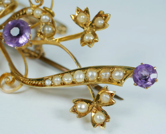 Antique Edwardian Solid 15ct Yellow Gold Amethyst Glass Seed Pearl Brooch Pin 6g