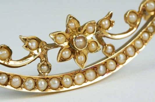 Antique Edwardian Solid 15ct Yellow Gold Crescent & Flower Seed Pearl Brooch Pin