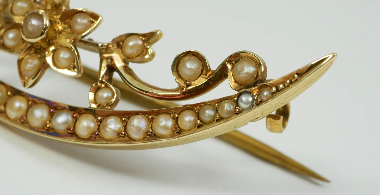 Antique Edwardian Solid 15ct Yellow Gold Crescent & Flower Seed Pearl Brooch Pin