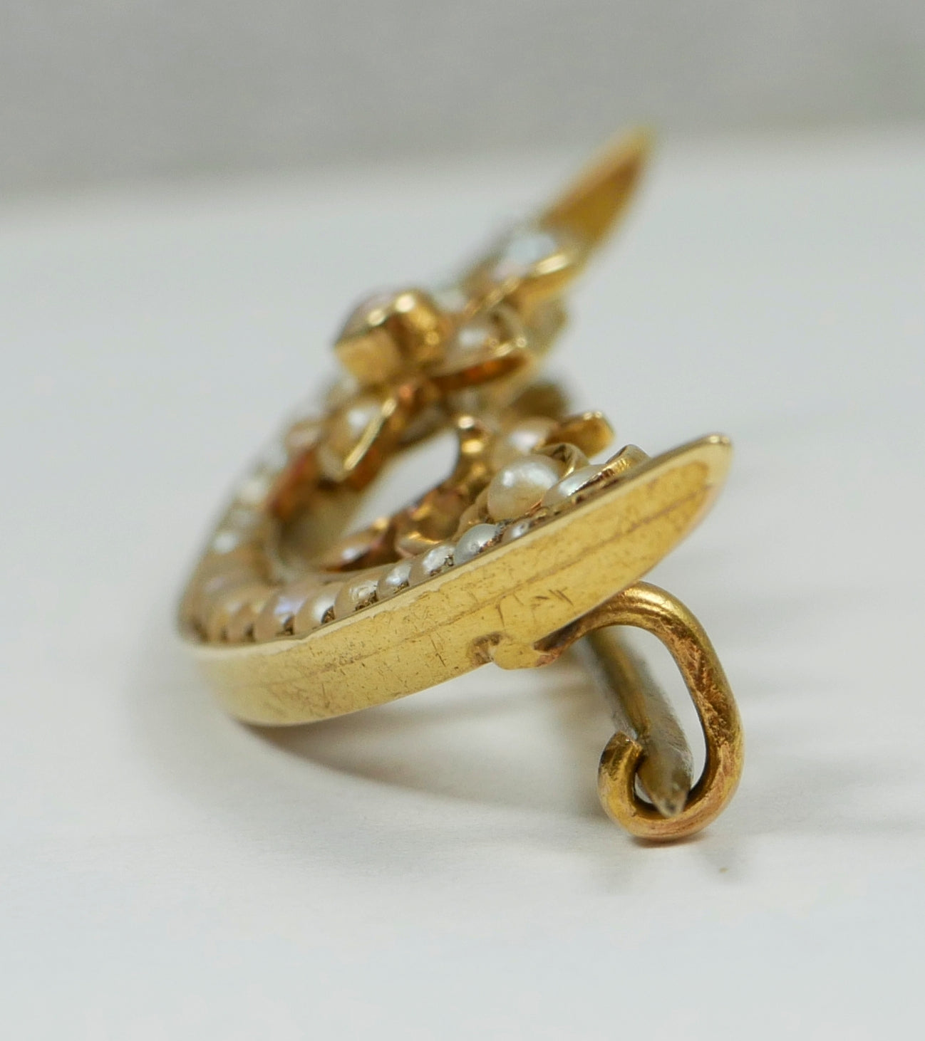 Antique Edwardian Solid 15ct Yellow Gold Crescent & Flower Seed Pearl Brooch Pin