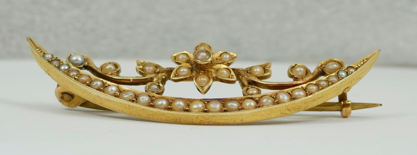 Antique Edwardian Solid 15ct Yellow Gold Crescent & Flower Seed Pearl Brooch Pin