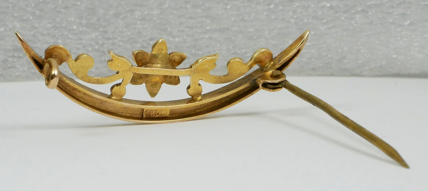 Antique Edwardian Solid 15ct Yellow Gold Crescent & Flower Seed Pearl Brooch Pin