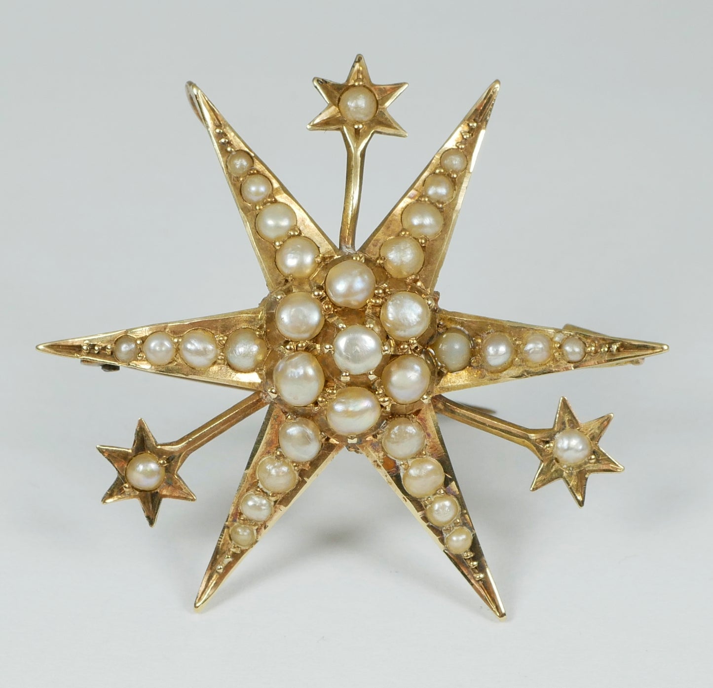 Antique Edwardian Solid 15ct Yellow Gold Sun Starburst Seed Pearl Pendant Brooch