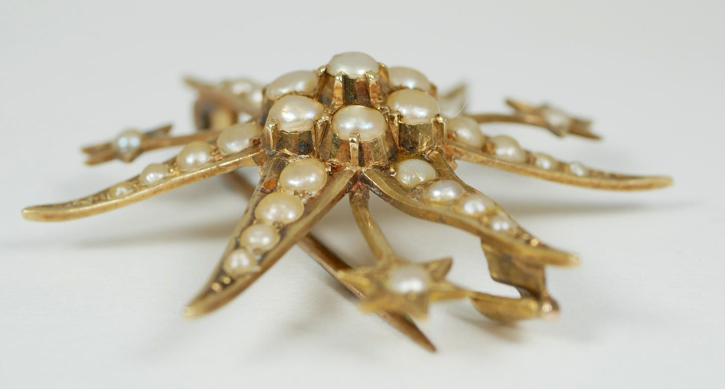 Antique Edwardian Solid 15ct Yellow Gold Sun Starburst Seed Pearl Pendant Brooch