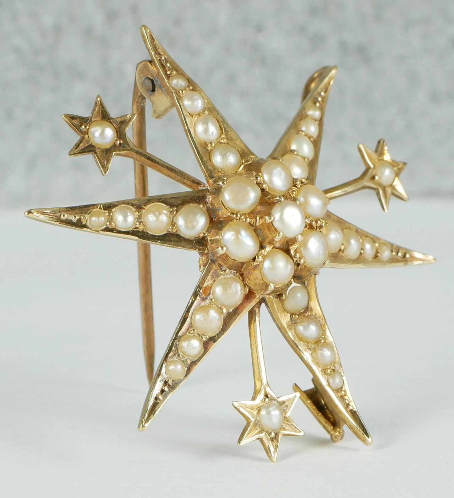 Antique Edwardian Solid 15ct Yellow Gold Sun Starburst Seed Pearl Pendant Brooch