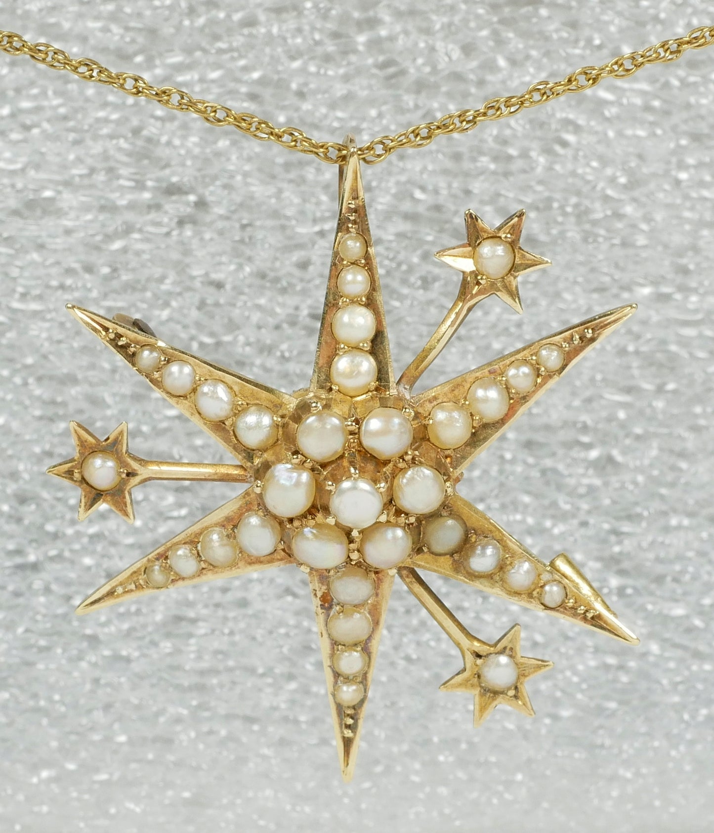 Antique Edwardian Solid 15ct Yellow Gold Sun Starburst Seed Pearl Pendant Brooch