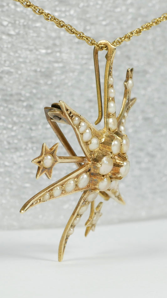 Antique Edwardian Solid 15ct Yellow Gold Sun Starburst Seed Pearl Pendant Brooch