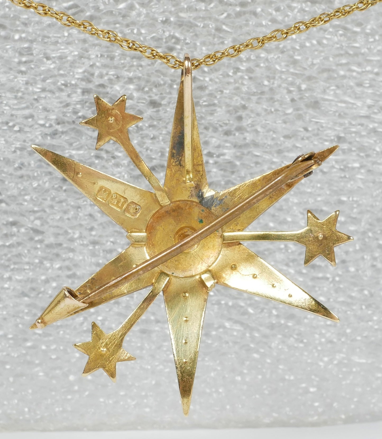 Antique Edwardian Solid 15ct Yellow Gold Sun Starburst Seed Pearl Pendant Brooch