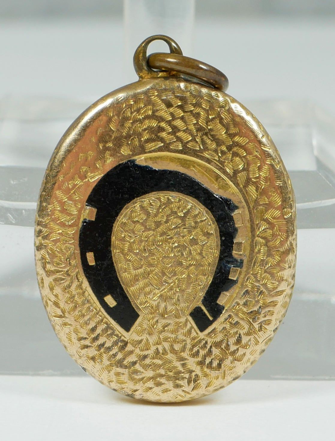Antique Victorian 18ct Yellow Gold Enamel Horseshoe Oval Pendant Mourning Locket