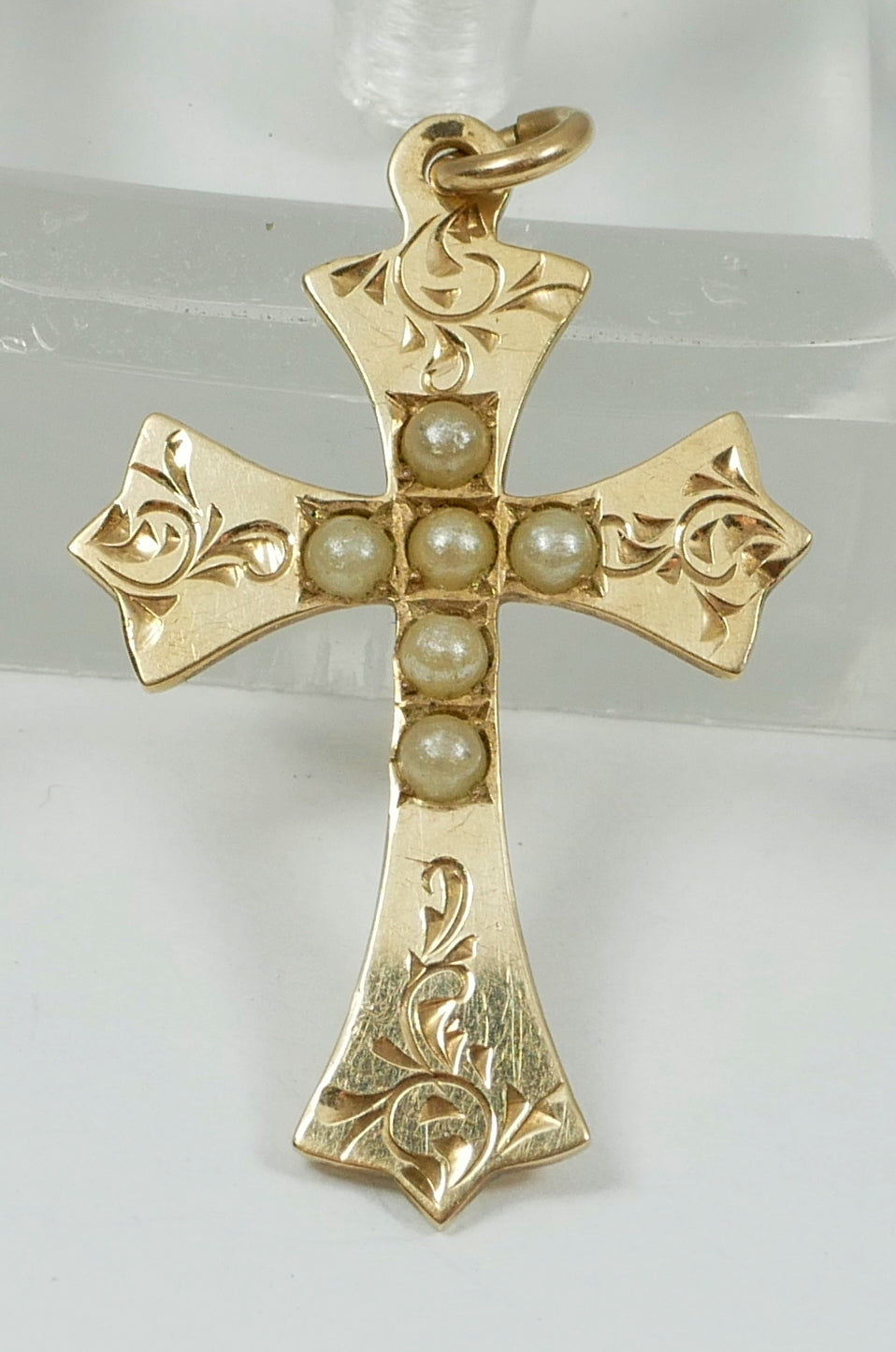 Vintage Rodd Solid 9ct Yellow Gold & Seed Pearl 29mm Cross Necklace Pendant 375