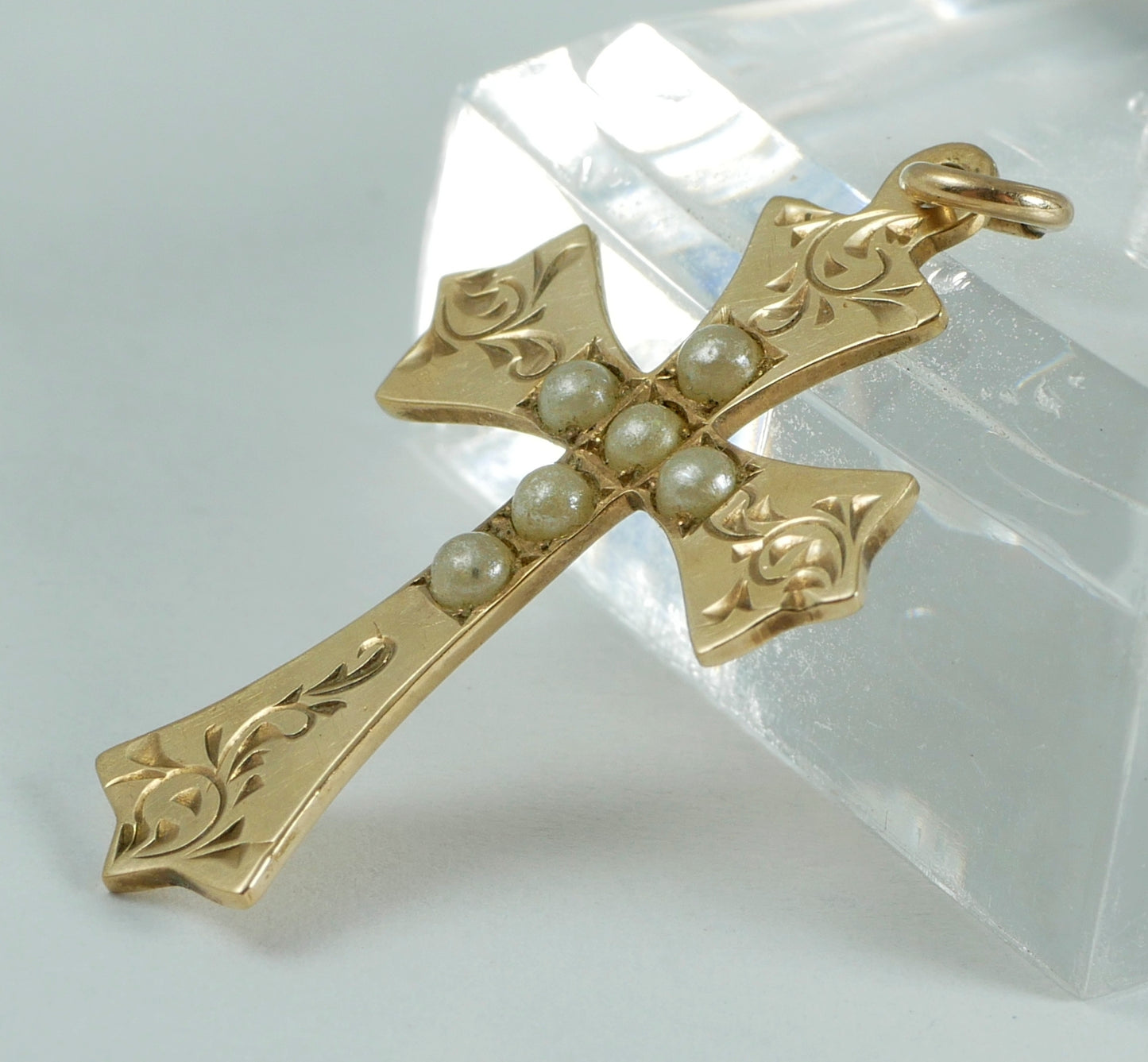 Vintage Rodd Solid 9ct Yellow Gold & Seed Pearl 29mm Cross Necklace Pendant 375