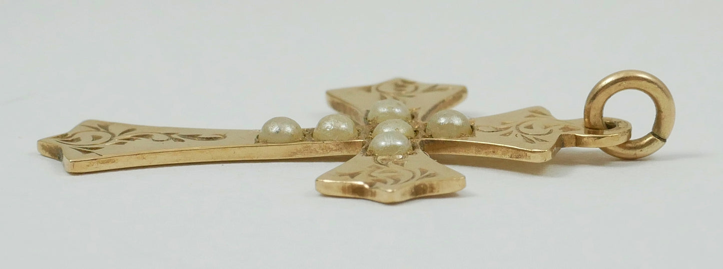 Vintage Rodd Solid 9ct Yellow Gold & Seed Pearl 29mm Cross Necklace Pendant 375