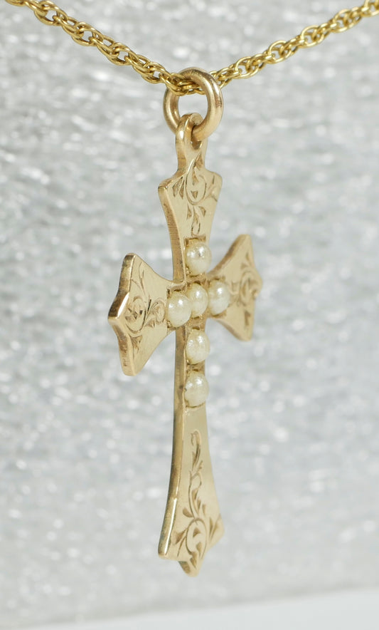 Vintage Rodd Solid 9ct Yellow Gold & Seed Pearl 29mm Cross Necklace Pendant 375