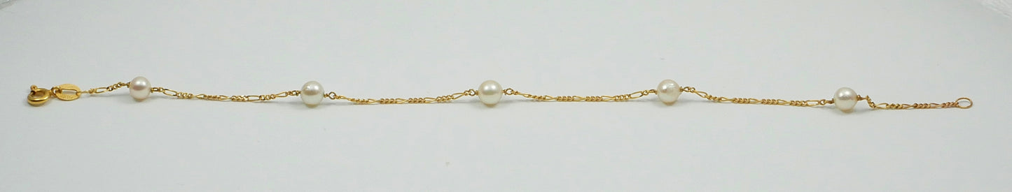 Solid 14ct Yellow Gold 18.5cm 7" Bracelet 5mm Pearl 1mm Figaro Chain Link Italy