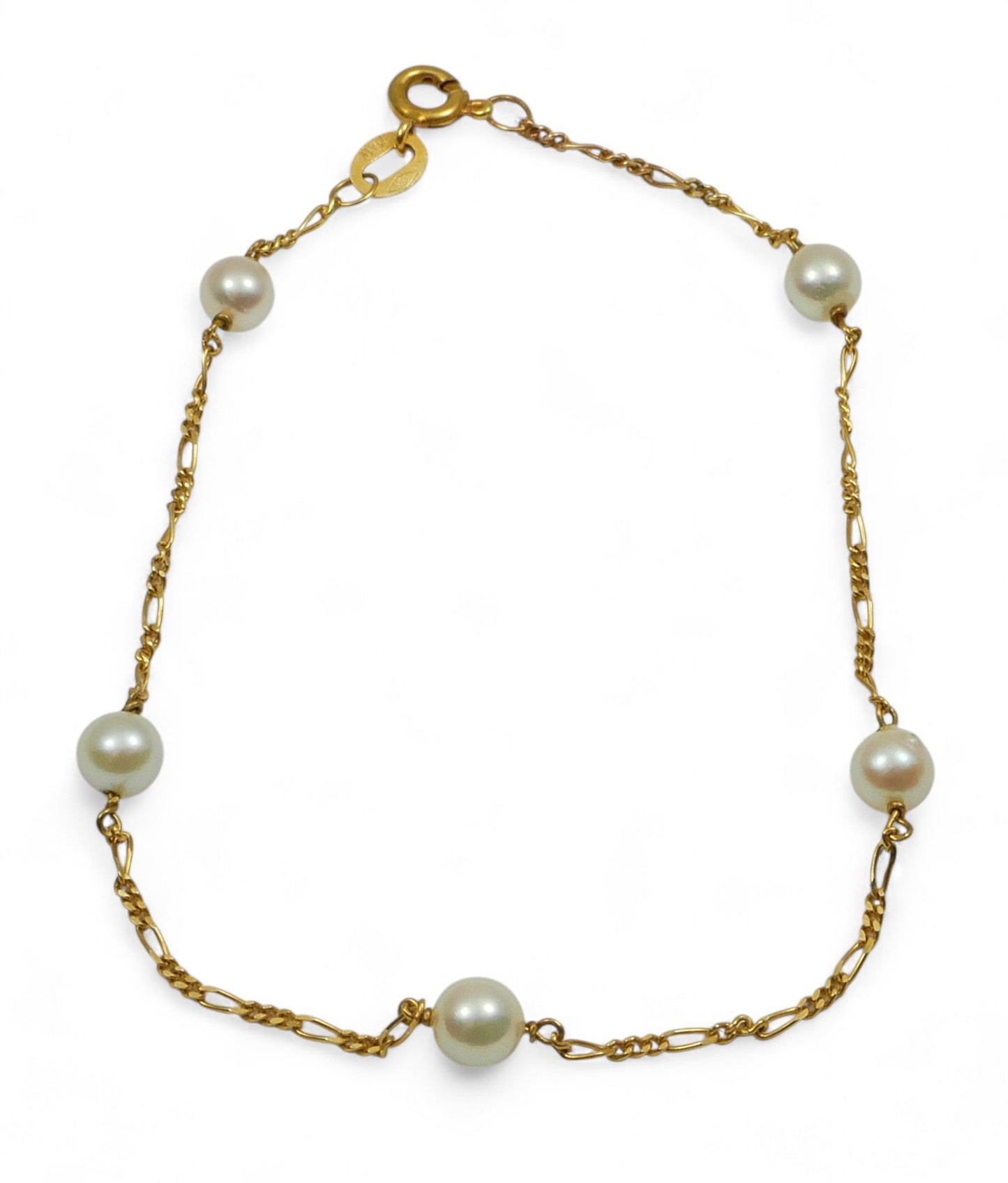 Solid 14ct Yellow Gold 18.5cm 7" Bracelet 5mm Pearl 1mm Figaro Chain Link Italy