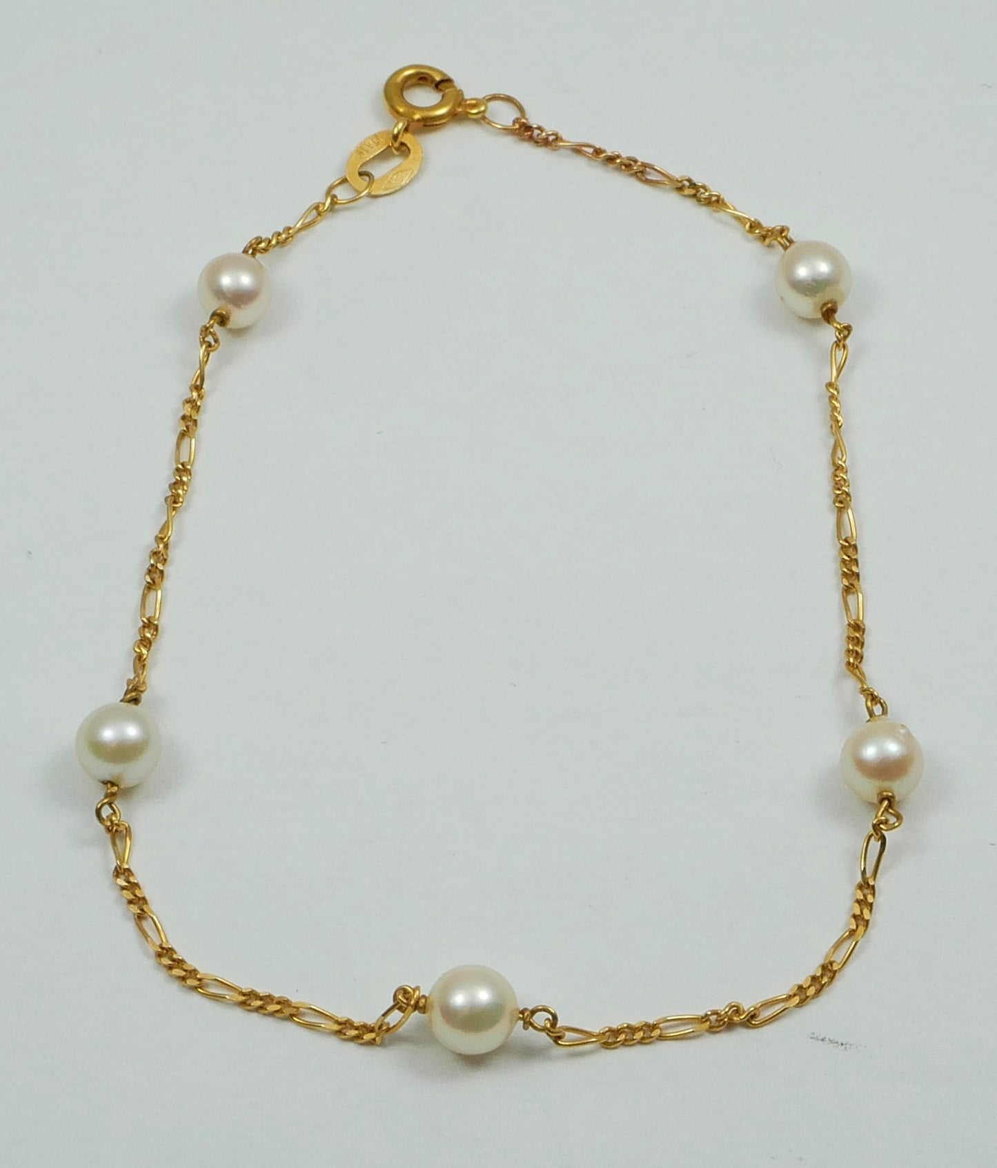 Solid 14ct Yellow Gold 18.5cm 7" Bracelet 5mm Pearl 1mm Figaro Chain Link Italy