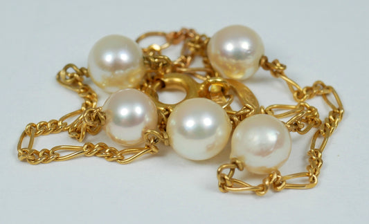 Solid 14ct Yellow Gold 18.5cm 7" Bracelet 5mm Pearl 1mm Figaro Chain Link Italy