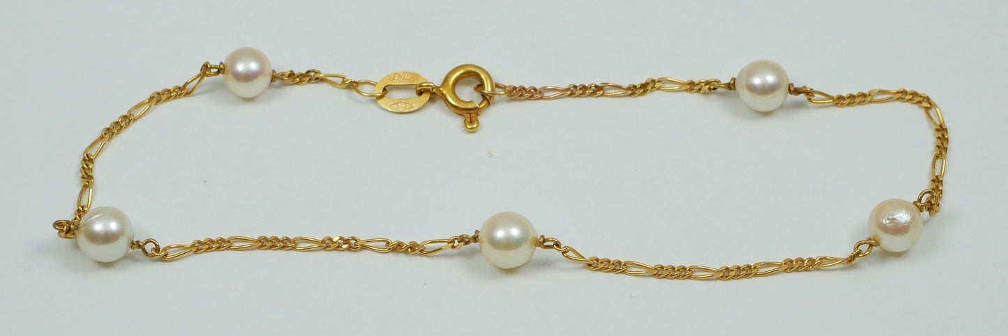 Solid 14ct Yellow Gold 18.5cm 7" Bracelet 5mm Pearl 1mm Figaro Chain Link Italy