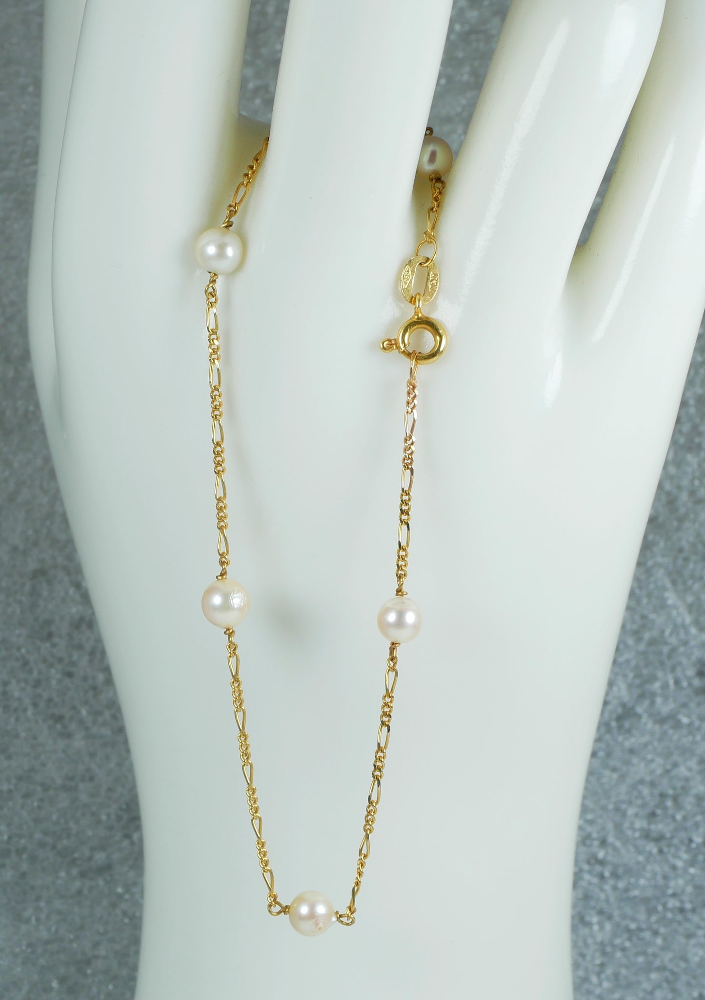 Solid 14ct Yellow Gold 18.5cm 7" Bracelet 5mm Pearl 1mm Figaro Chain Link Italy