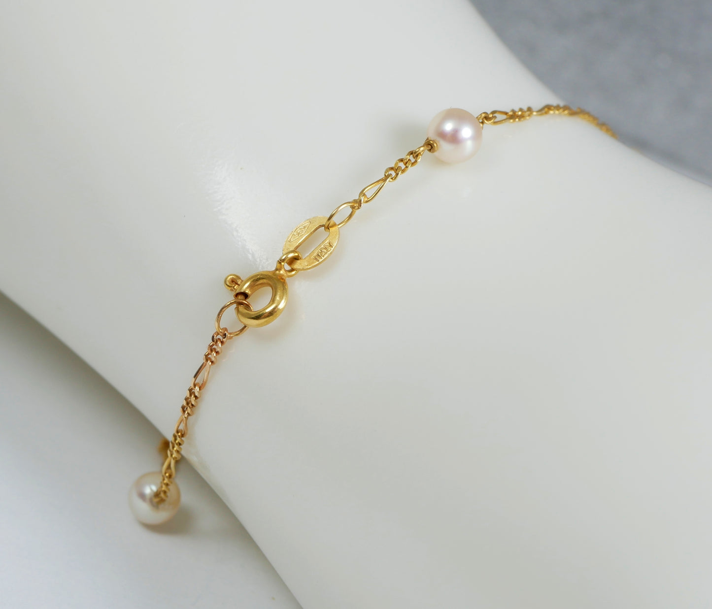 Solid 14ct Yellow Gold 18.5cm 7" Bracelet 5mm Pearl 1mm Figaro Chain Link Italy