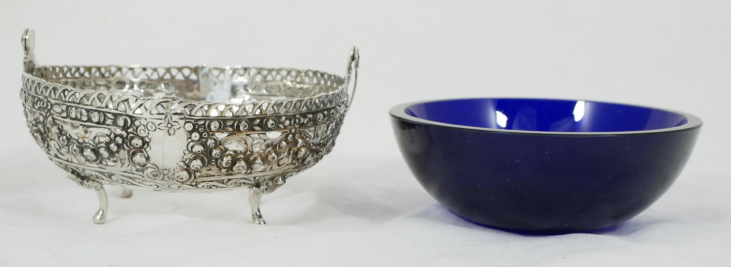 Antique Vintage German 800 Silver Hildesheim Rose Sugar Bowl Blue Glass Liner