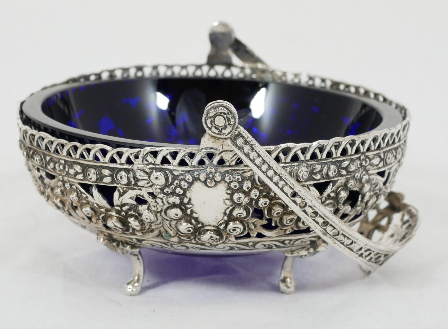 Antique Vintage German 800 Silver Hildesheim Rose Sugar Bowl Blue Glass Liner