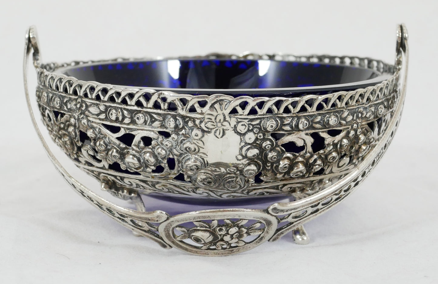 Antique Vintage German 800 Silver Hildesheim Rose Sugar Bowl Blue Glass Liner