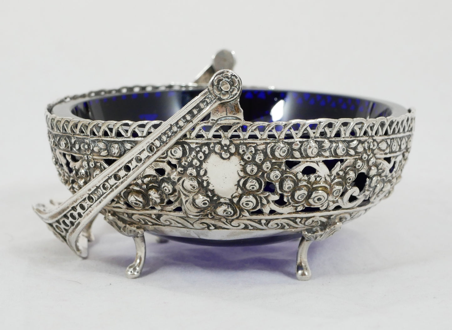 Antique Vintage German 800 Silver Hildesheim Rose Sugar Bowl Blue Glass Liner