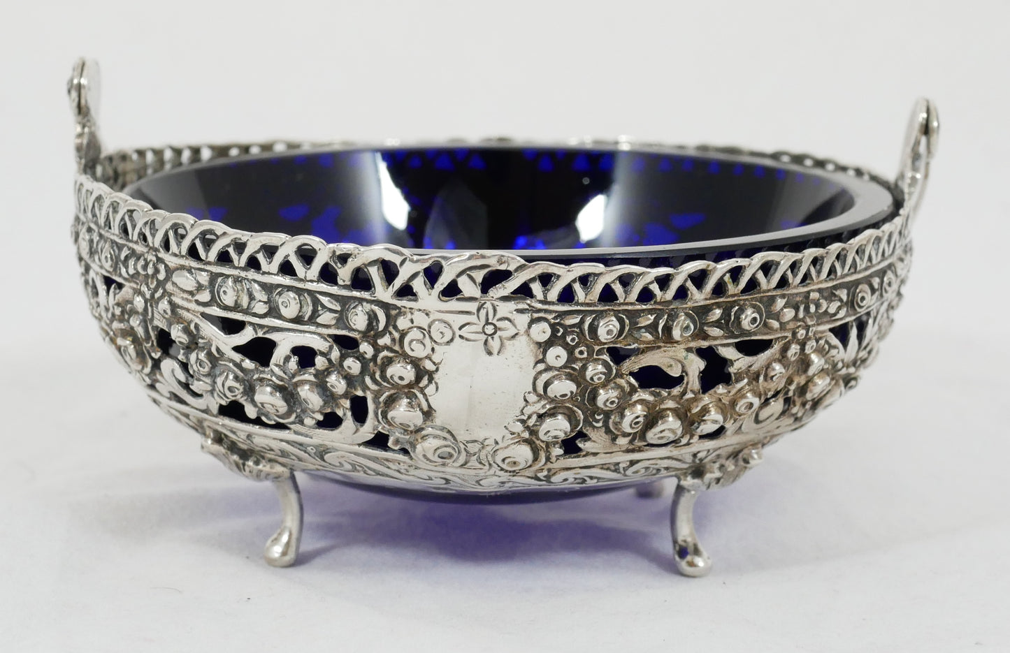 Antique Vintage German 800 Silver Hildesheim Rose Sugar Bowl Blue Glass Liner