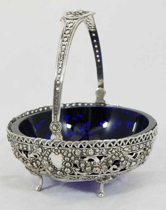 Antique Vintage German 800 Silver Hildesheim Rose Sugar Bowl Blue Glass Liner