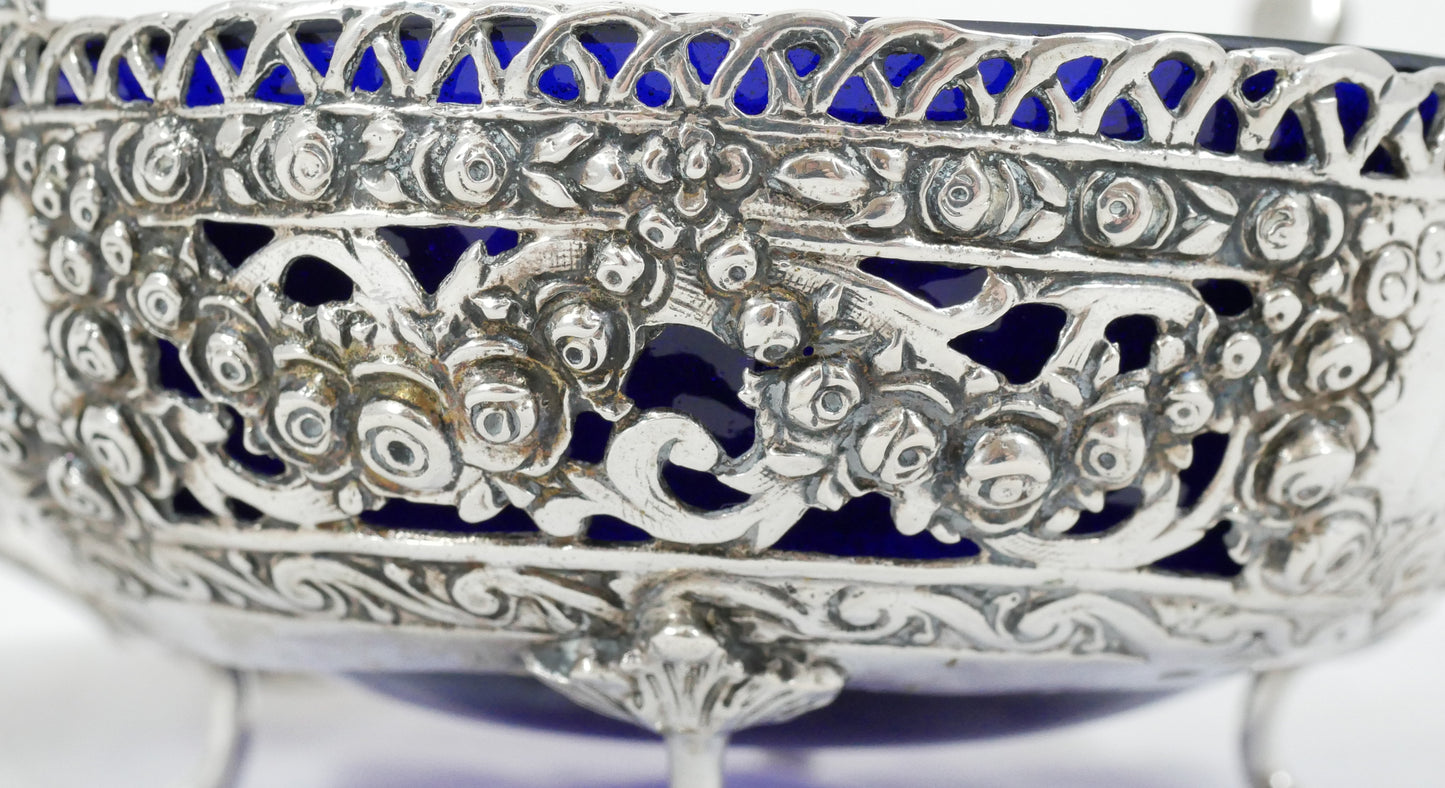 Antique Vintage German 800 Silver Hildesheim Rose Sugar Bowl Blue Glass Liner