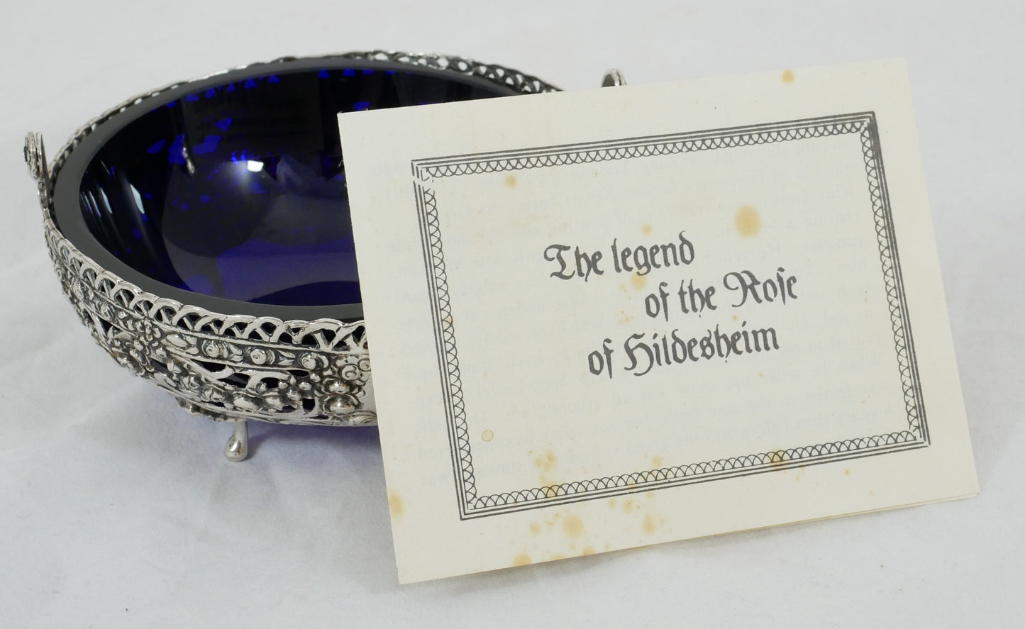 Antique Vintage German 800 Silver Hildesheim Rose Sugar Bowl Blue Glass Liner