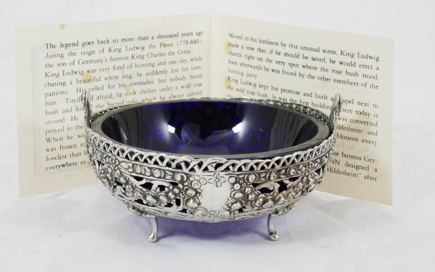 Antique Vintage German 800 Silver Hildesheim Rose Sugar Bowl Blue Glass Liner