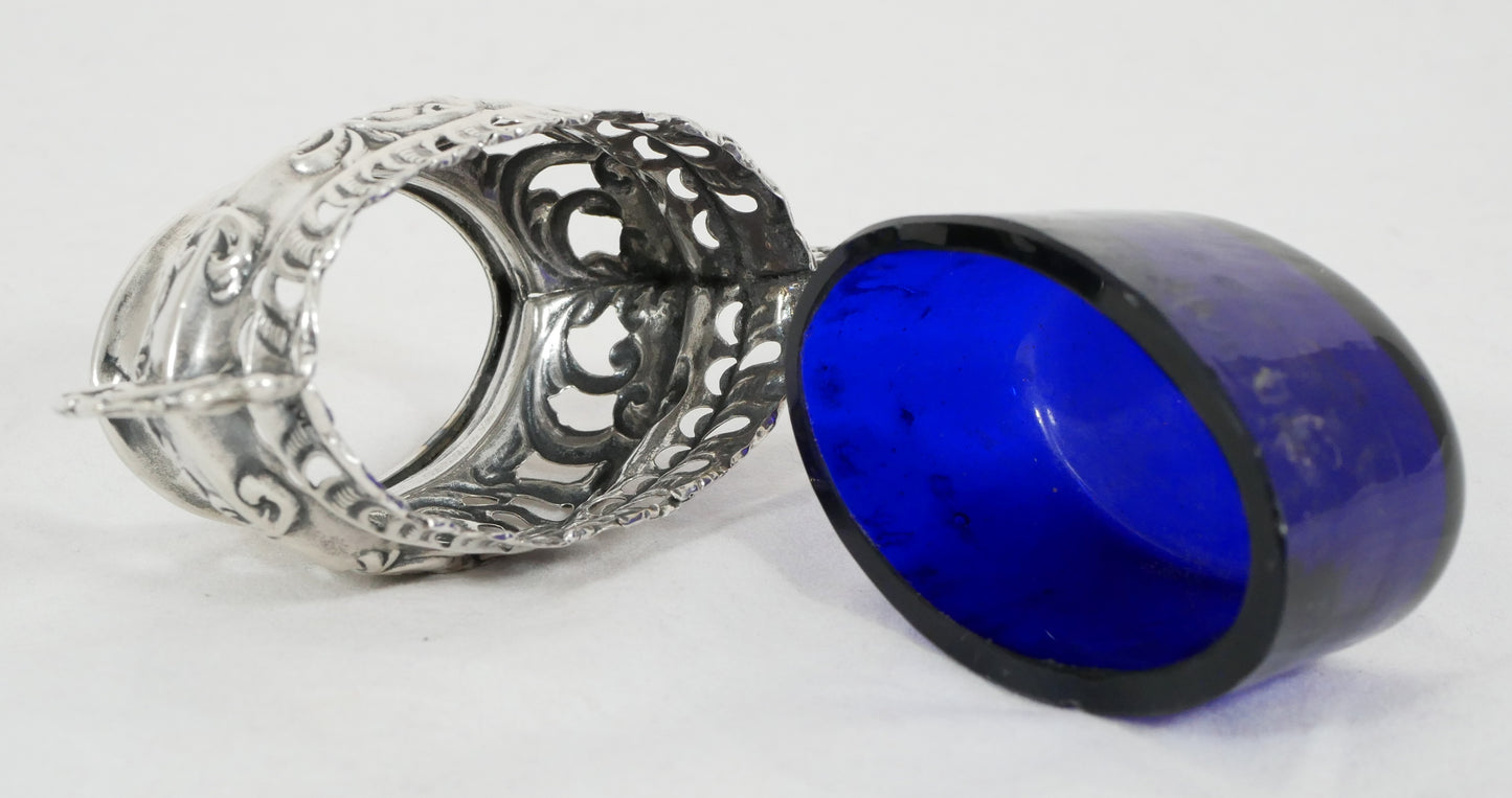 Antique Edwardian 1901 Repousse Sterling Silver Salt Cellar Bowl Blue Glass Set