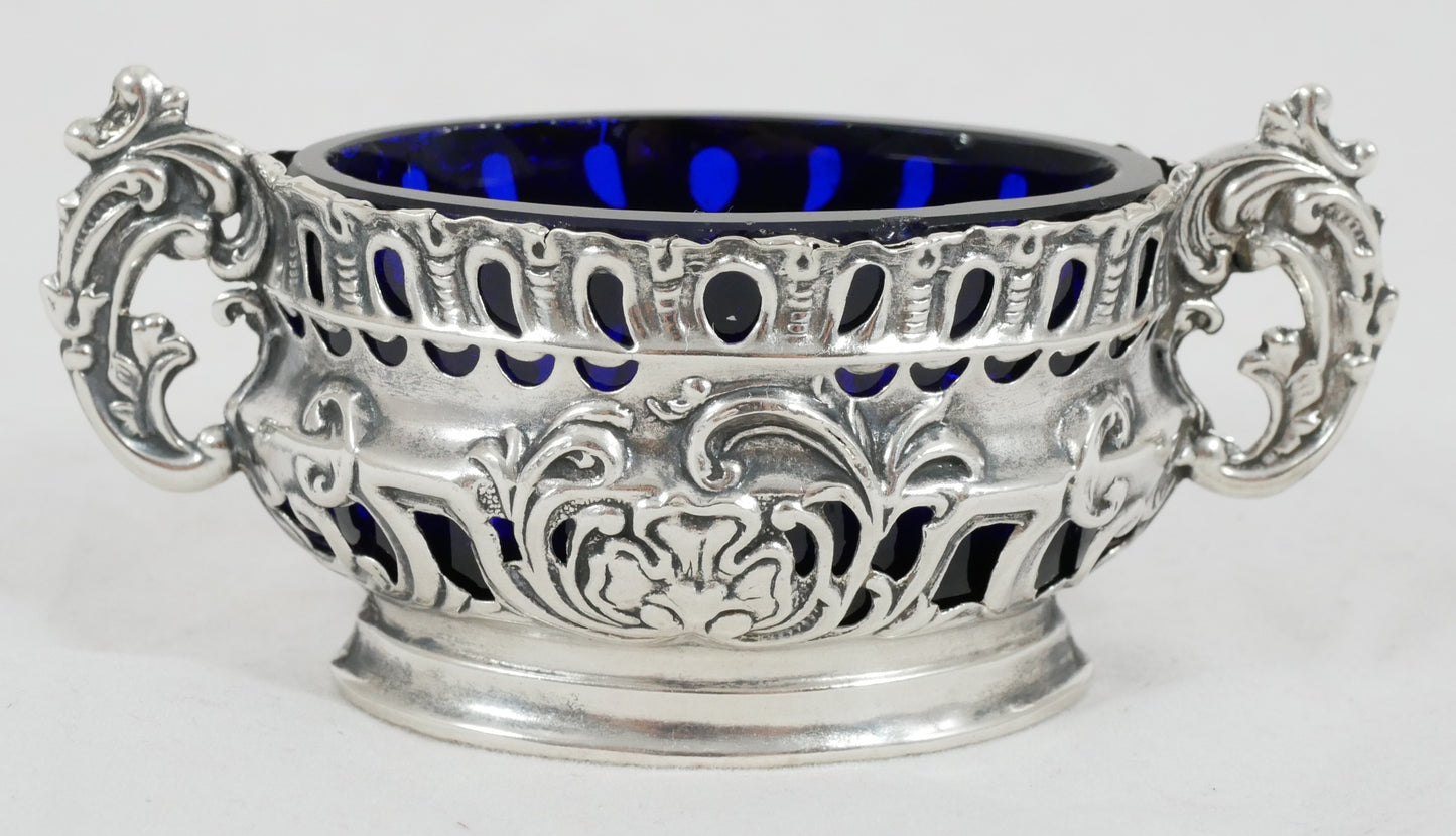 Antique Edwardian 1901 Repousse Sterling Silver Salt Cellar Bowl Blue Glass Set