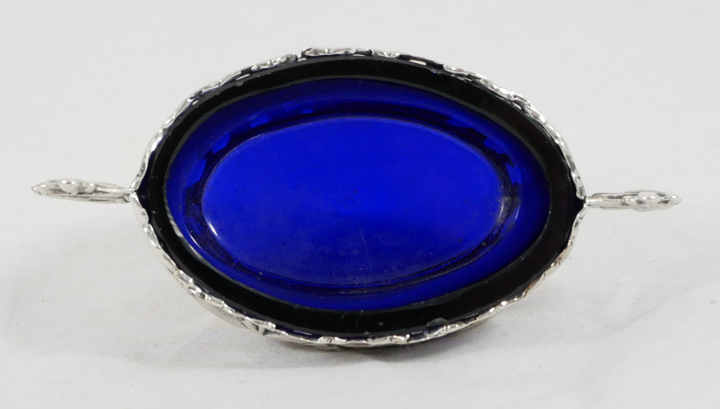 Antique Edwardian 1901 Repousse Sterling Silver Salt Cellar Bowl Blue Glass Set