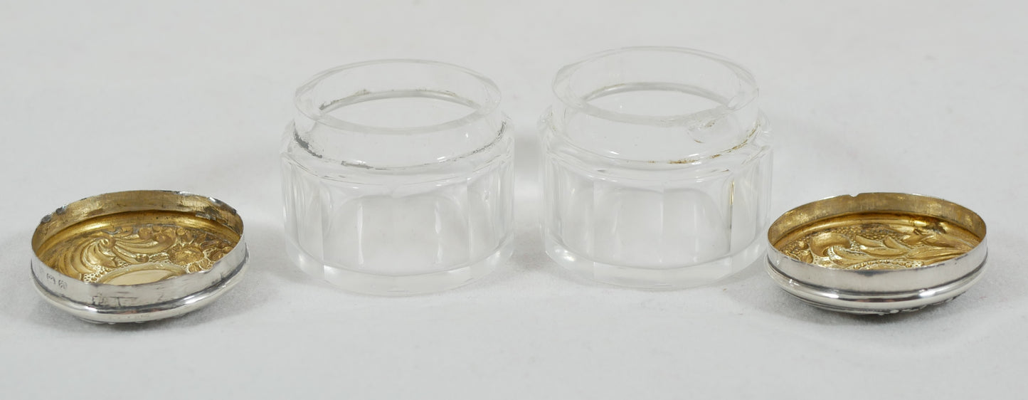 Antique Edwardian 1910 Pair of Sterling Silver Glass Rouge Pots Pill Box Bottles