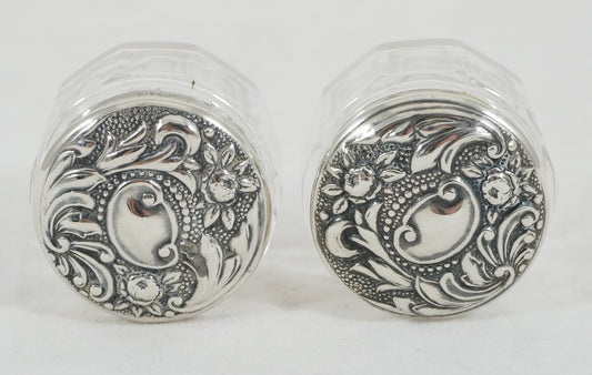 Antique Edwardian 1910 Pair of Sterling Silver Glass Rouge Pots Pill Box Bottles