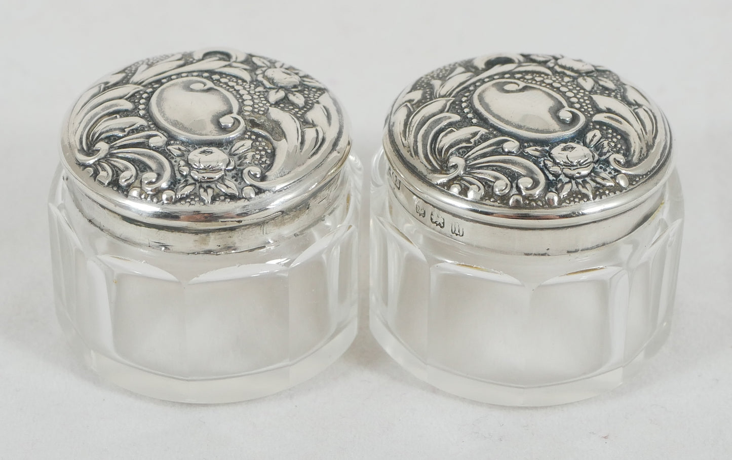 Antique Edwardian 1910 Pair of Sterling Silver Glass Rouge Pots Pill Box Bottles