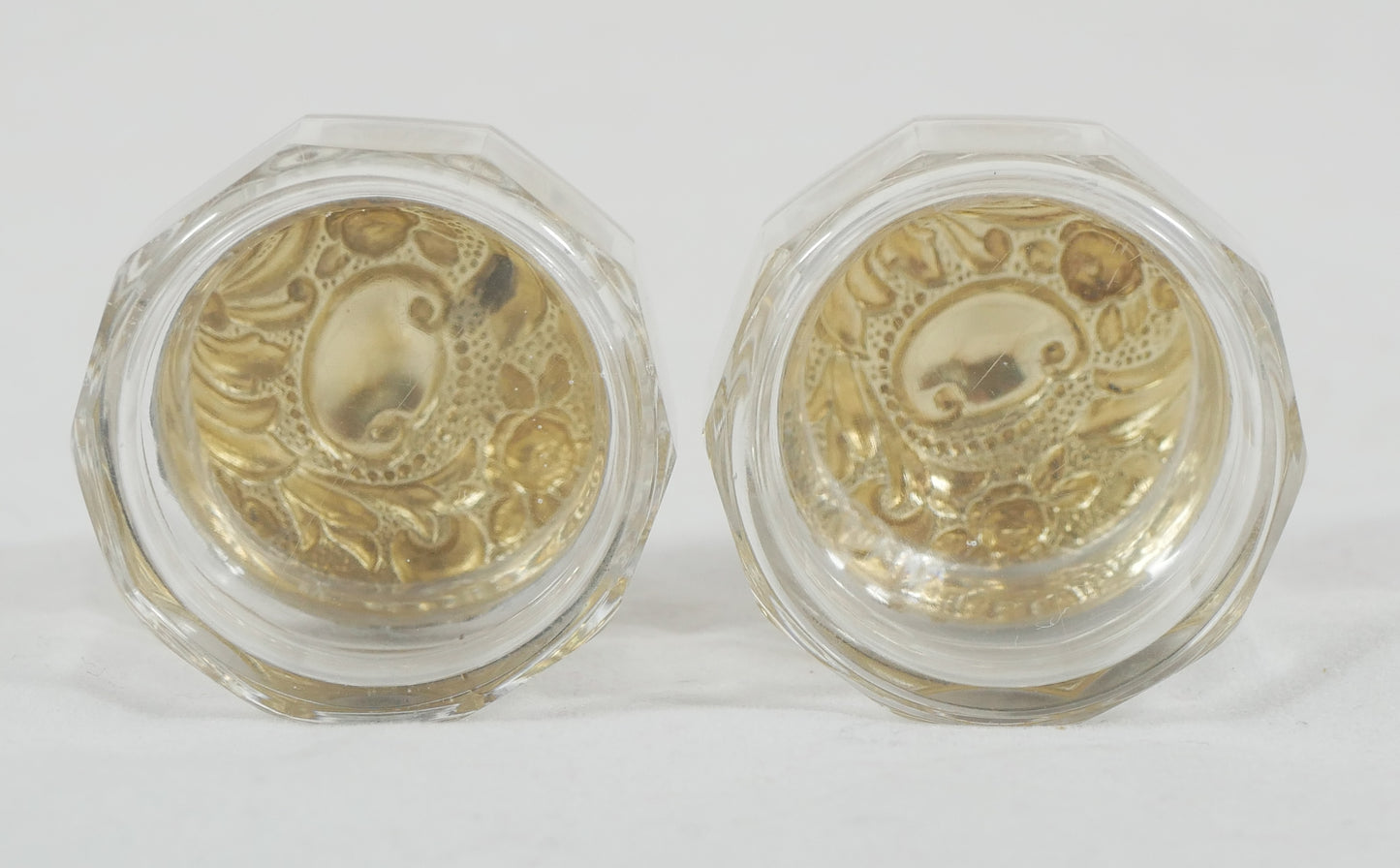 Antique Edwardian 1910 Pair of Sterling Silver Glass Rouge Pots Pill Box Bottles