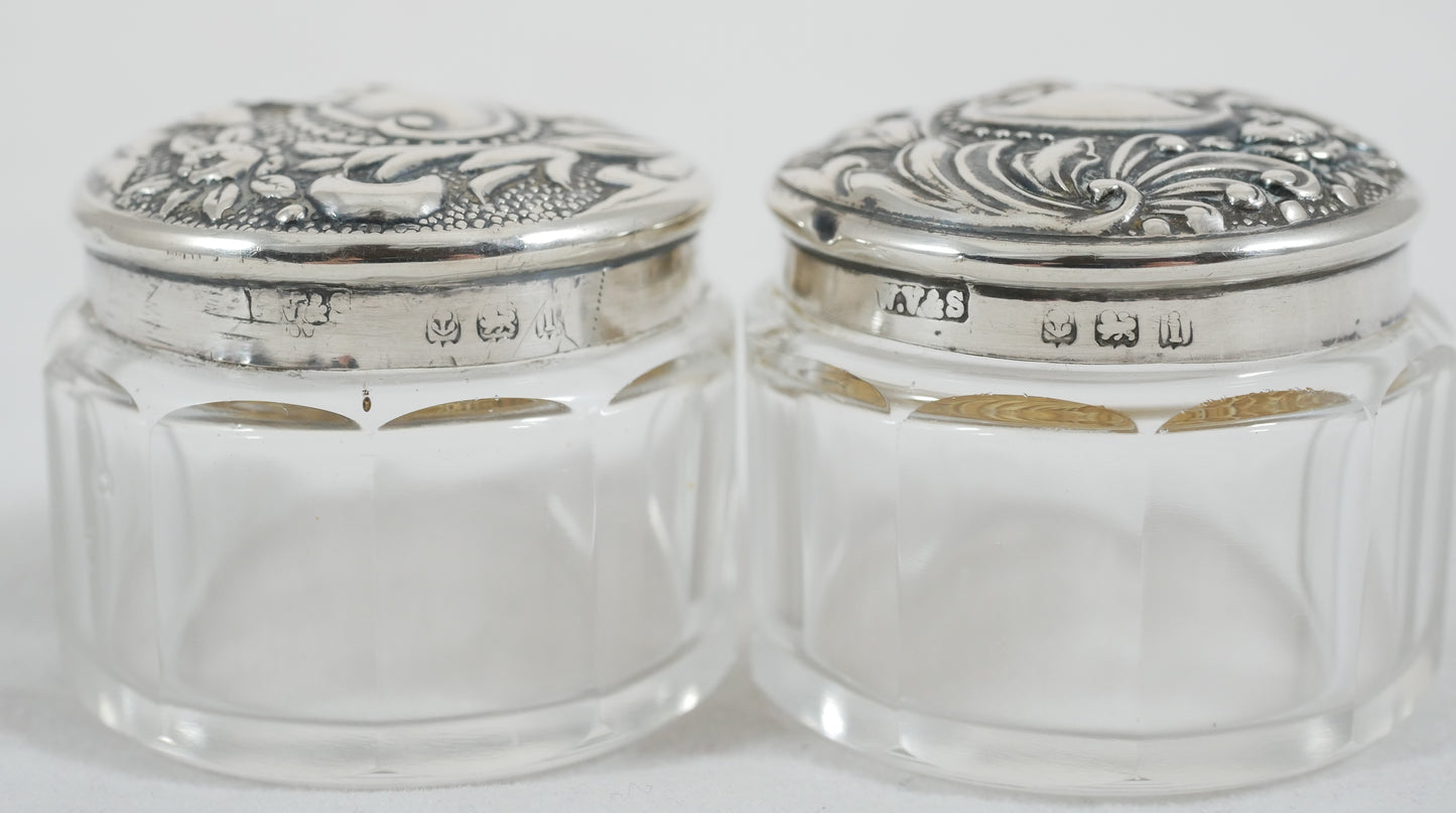 Antique Edwardian 1910 Pair of Sterling Silver Glass Rouge Pots Pill Box Bottles