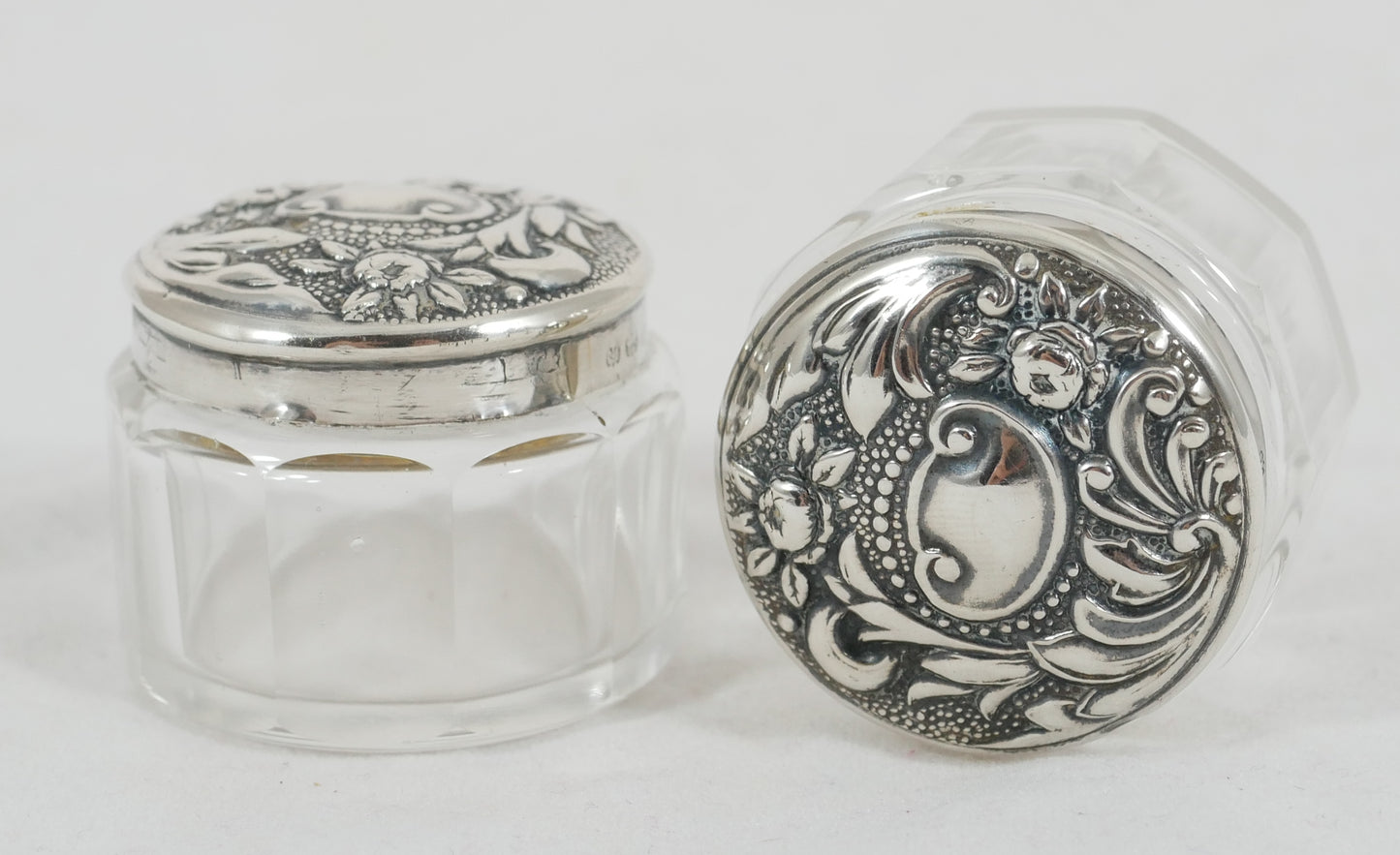Antique Edwardian 1910 Pair of Sterling Silver Glass Rouge Pots Pill Box Bottles