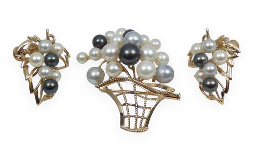 Vintage 14ct Yellow Gold Multicolour Cultured Pearl Brooch Pendant Earrings Set