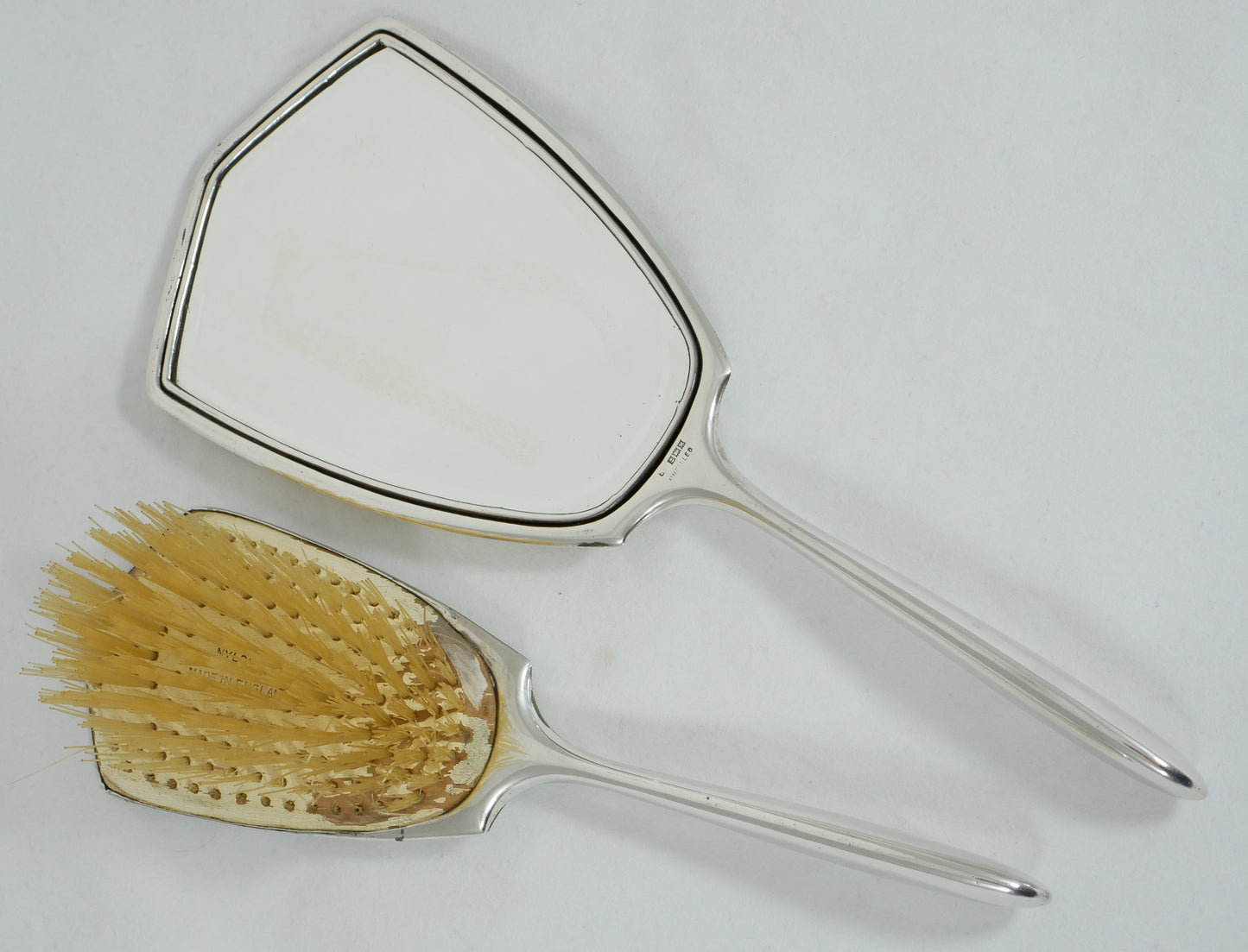 Vintage 1961 Sterling Silver 2pc Guilloche Enamel Magnolia Hair Brush Mirror Set