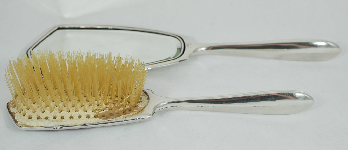 Vintage 1961 Sterling Silver 2pc Guilloche Enamel Magnolia Hair Brush Mirror Set