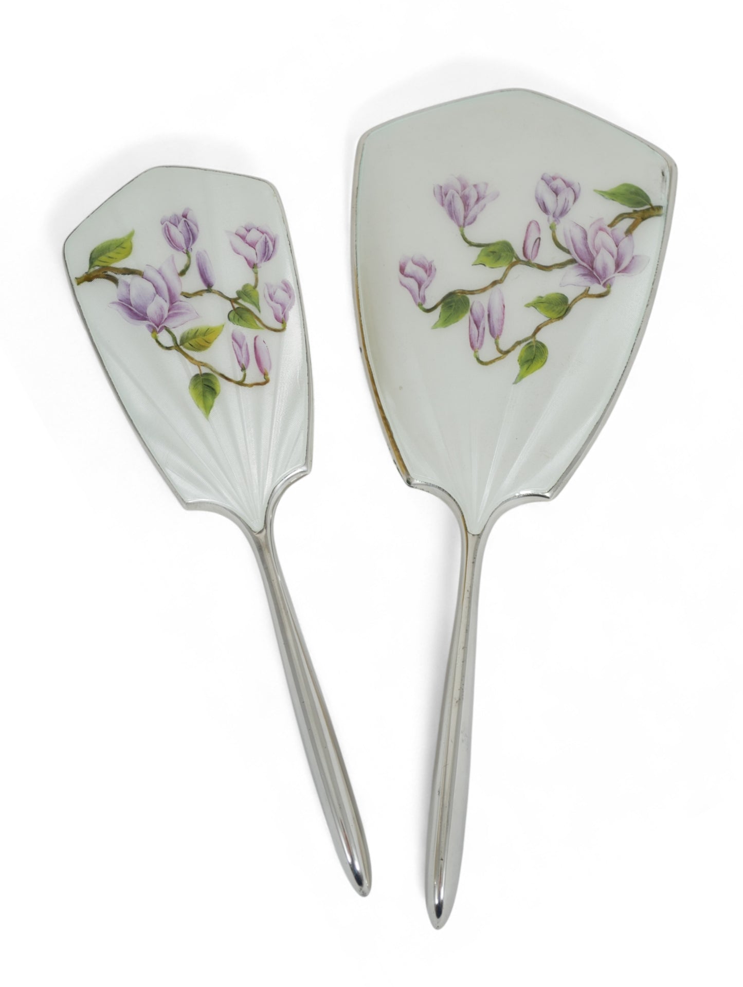 Vintage 1961 Sterling Silver 2pc Guilloche Enamel Magnolia Hair Brush Mirror Set