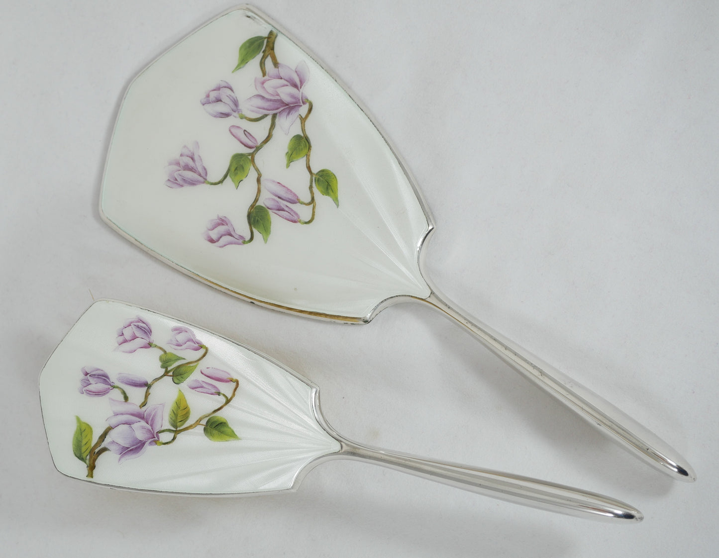 Vintage 1961 Sterling Silver 2pc Guilloche Enamel Magnolia Hair Brush Mirror Set