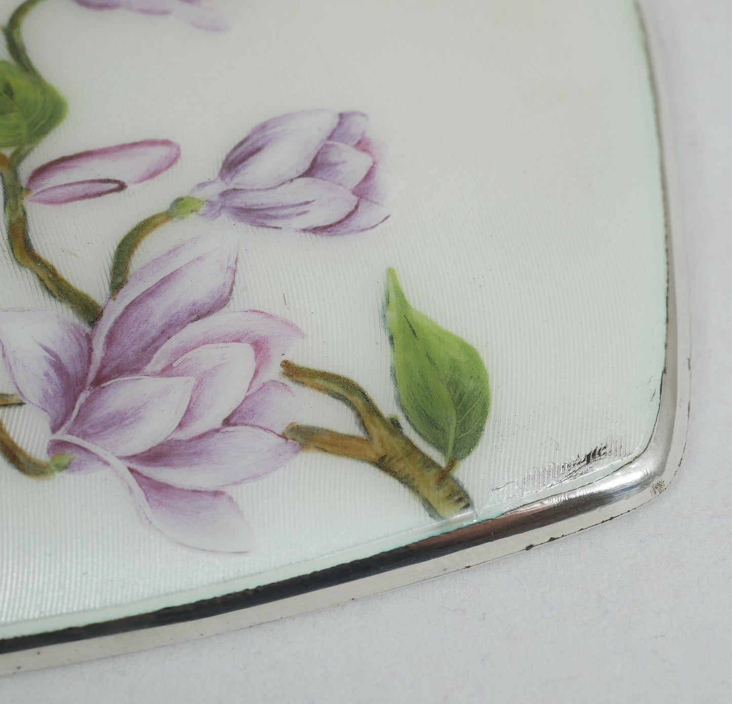 Vintage 1961 Sterling Silver 2pc Guilloche Enamel Magnolia Hair Brush Mirror Set